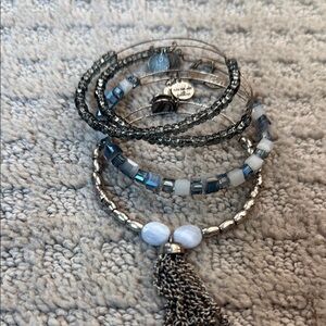 Alex and Ani Silver and Blue Layered Bracelet Set with Tassel